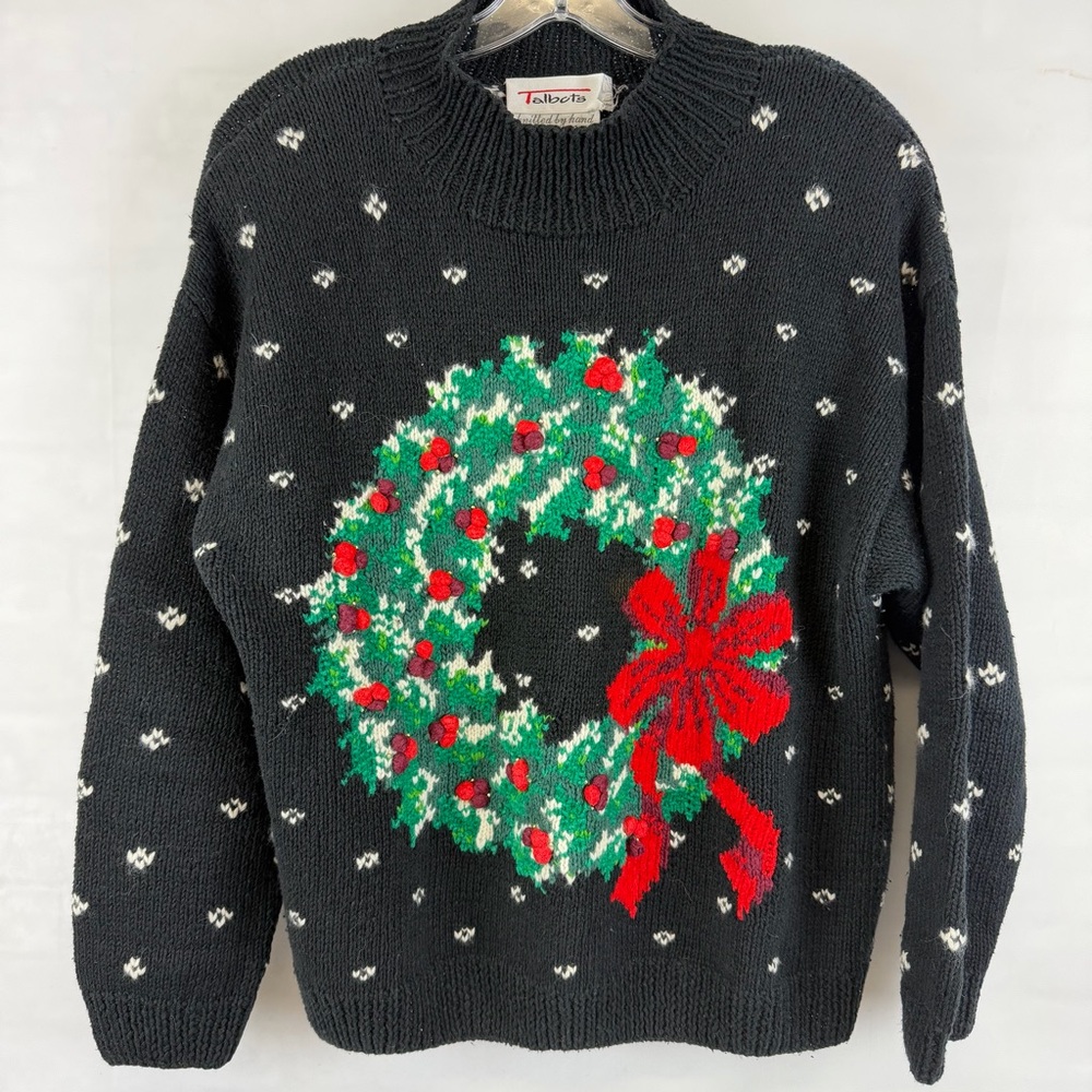 Talbots Vintage Hand Knit Christmas Sweater Wreath Beaded Holiday Black Size‎ M